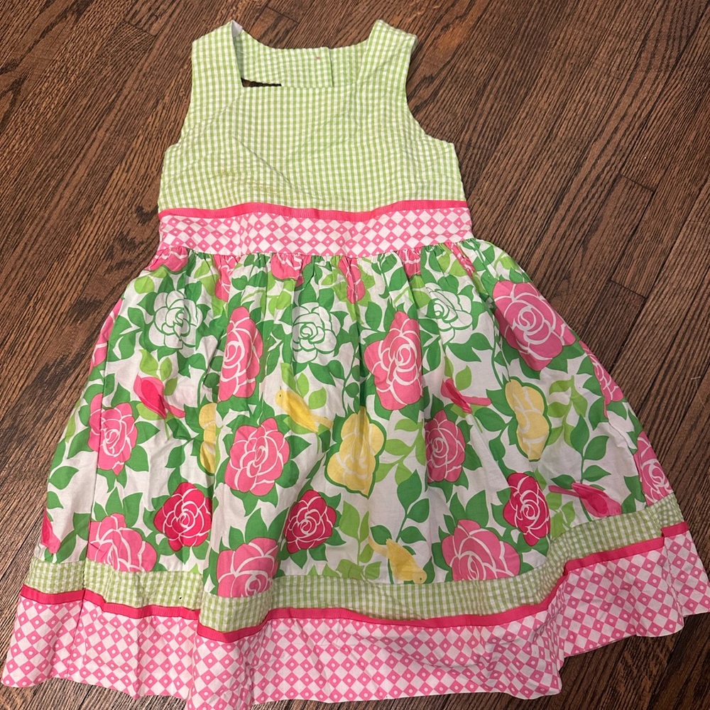 Bonnie Jean Green and Pink Floral Gingham Sundress